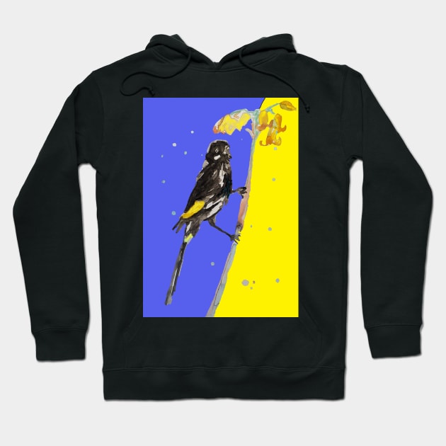 Australian Honeyeater Bird Painting - Navy and Yellow Hoodie by SarahRajkotwala